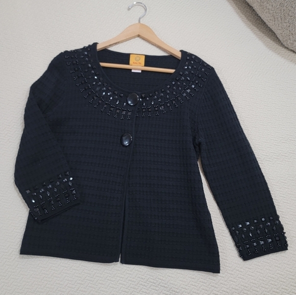 Ruby Rd Black Cardigan Embellished neck and Sleeve Hems Size Medium - Picture 7 of 13